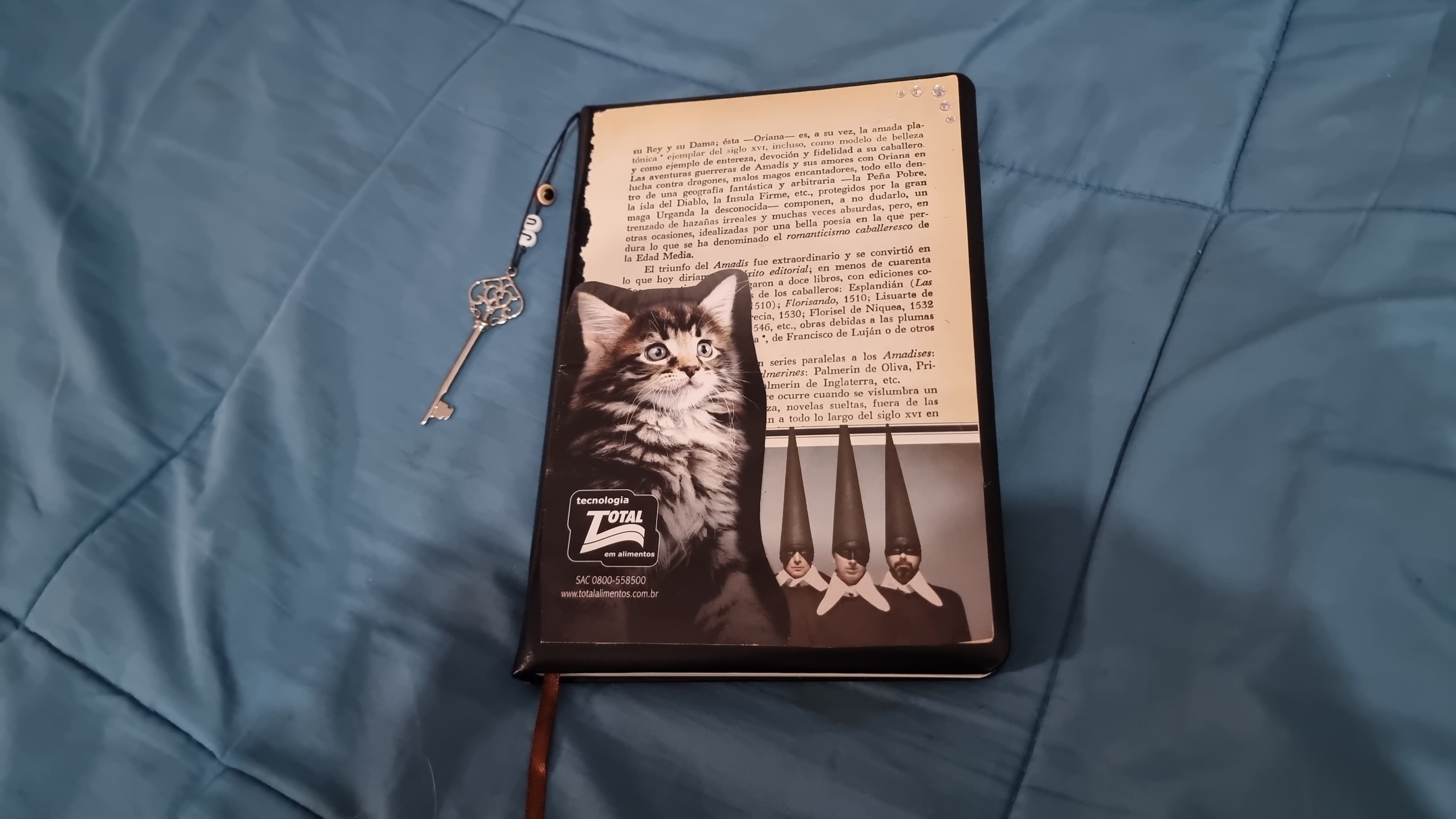 Libreta negra con recortes de revistas como gatos, letras y personas